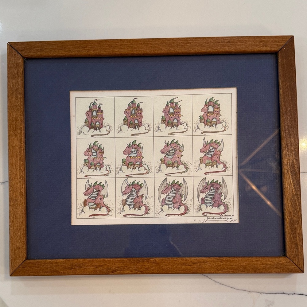 E Halsey Transformations 1985 Elegant Dragon Stamp Frame in Brown and Navy